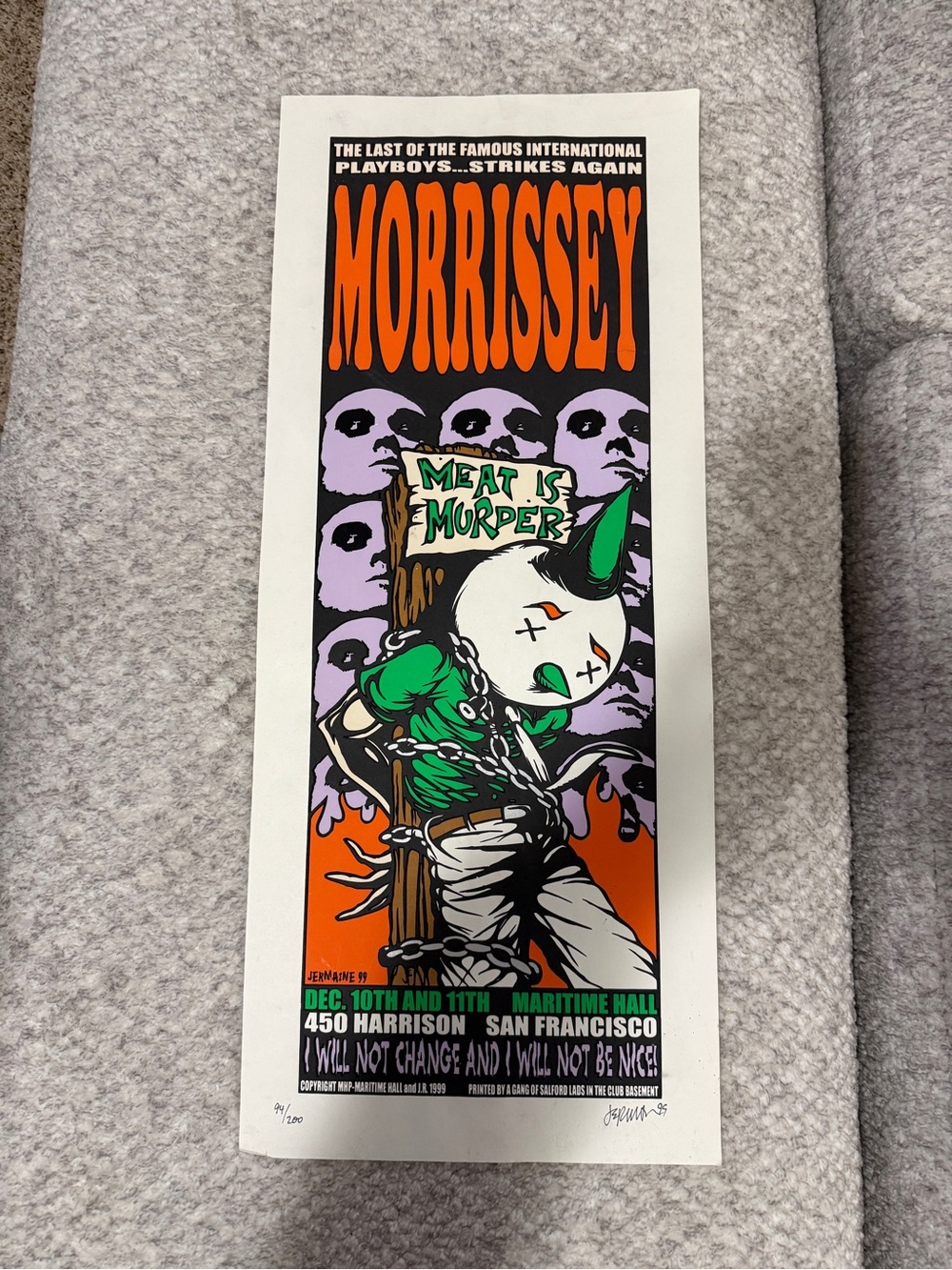 RARE Morrissey Meat is Murder Maritime Hall Poster Jermaine Rogers 1999 Smiths